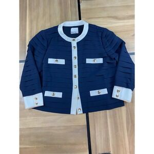 WEILL Navy Blue White Trim Pleated Button Front Jacket Womens Size 3 new withtag